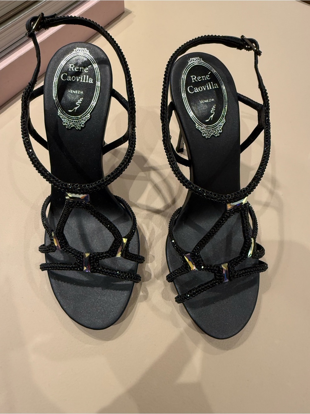 Rene Caovilla Black Crystal-Strap Stiletto Sandals